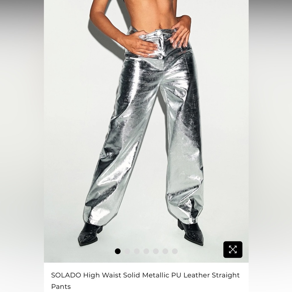 Solado High Waist Metallic Silver PU Leather Straight Pants